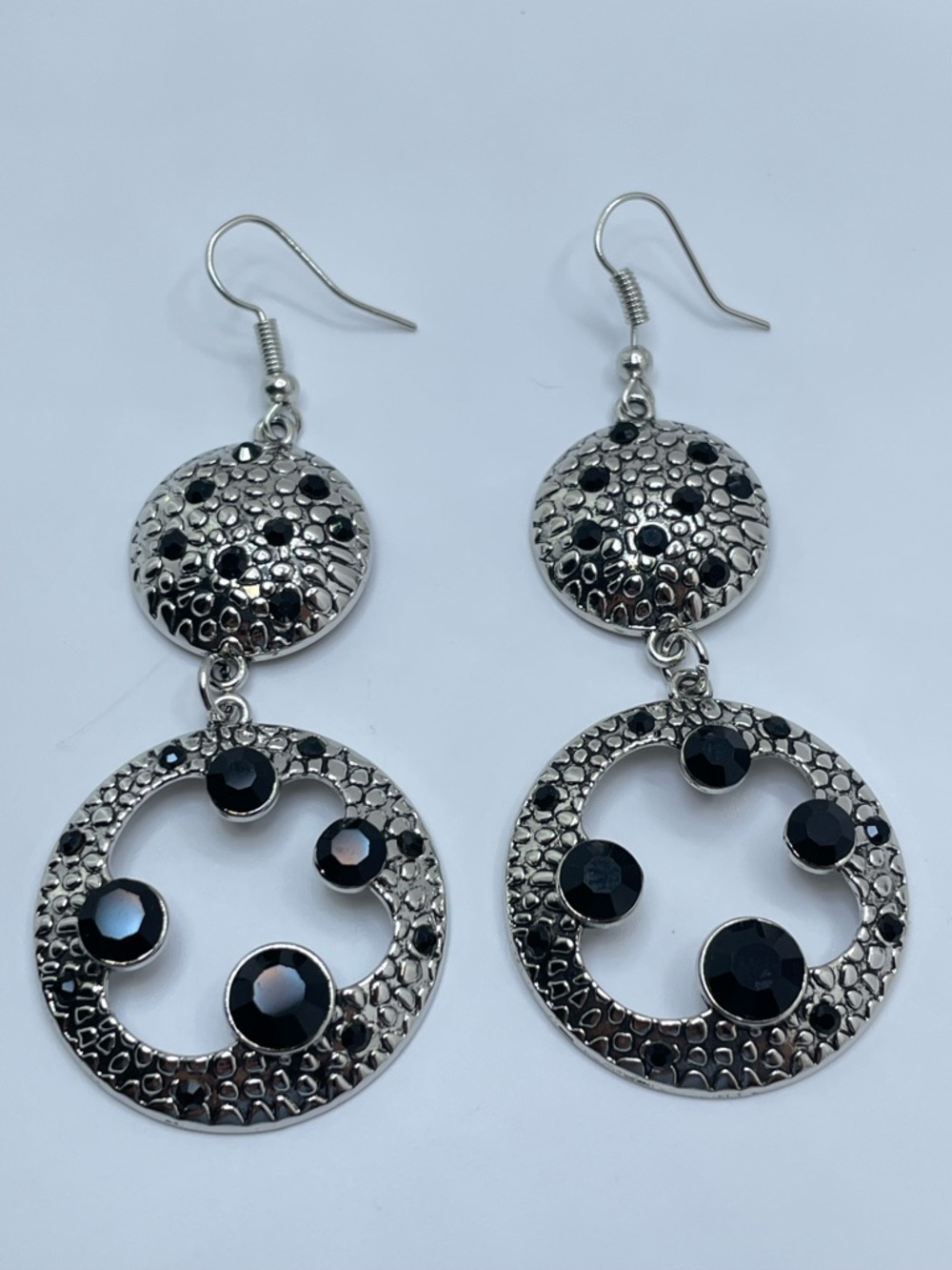 Silver Tone Black Crystal Dangle Earrings Bold Textured Statement